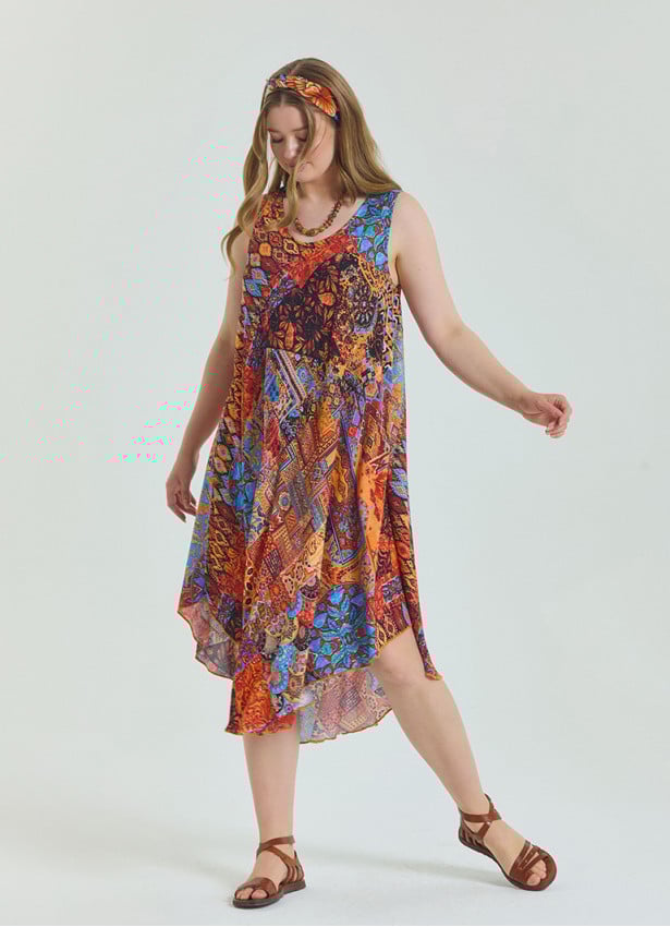 Boat Neck Loose Cut Orange Plus Size Dress 4668